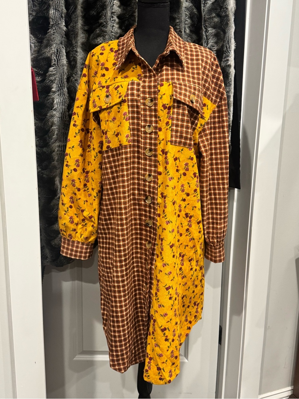 Patchwork Button-Front Shirt Dress in Mustard Yellow & Brown